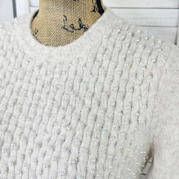Zara Pearl Embellished Wool Blend Pullover Crop Sweater Beige Large - Picture 7 of 14